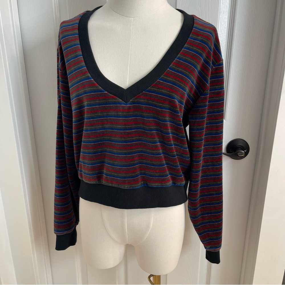 RVCA Velour Long Sleeve Pullover V-Neck Striped S Boho Vintage 70s Retro